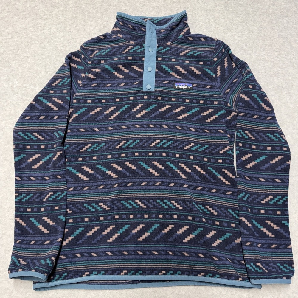 Patagonia Micro D Snap T Sweater Womens M Blue Fleece Pullover Geometric Aztec
